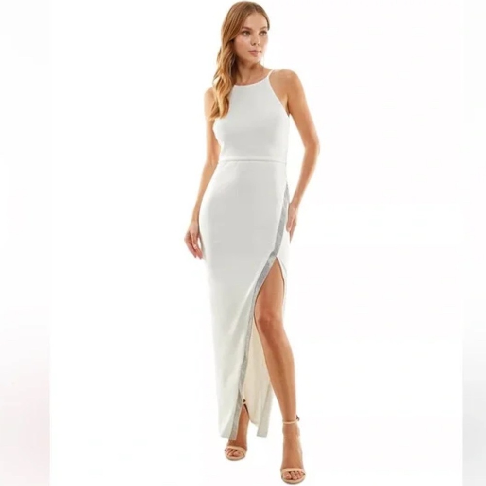 BCX White Halter Style High Slit Asymmetrical Sequin Trim Gown Dress Large